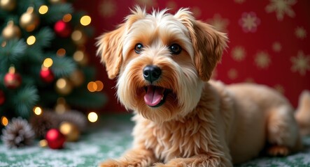 Soft Coated Wheaten Terrier Posing Against a Festive Christmas Backdrop