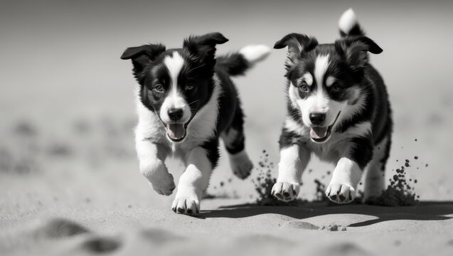 Joyful black and white border collie and Basque shepherd puppies frolicking on the beach with their tongues out.