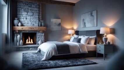 Stylish gray and white bedroom interior featuring a fireplace, carpet, and decorative elements. A mockup.