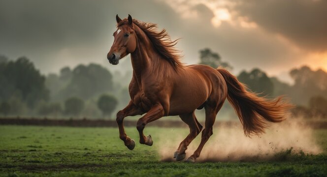depiction of a lively chestnut Marwari mare galloping in a paddock. India