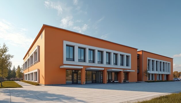 Exterior of modern school building in Polessk, Kaliningrad region, Russia. Minimalist orange facade with white window frames under clear blue sky, reflects innovative educational design, urban