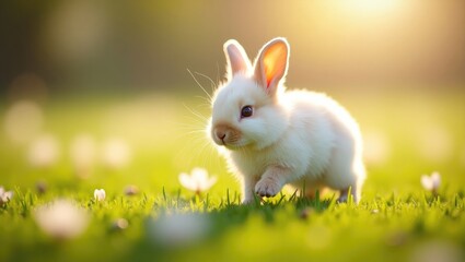 Charming spring scene featuring a small, adorable bunny frolicking on lush green grass with a bokeh backdrop. Playful young bunny enjoying the garden. Sweet creature in a park setting.