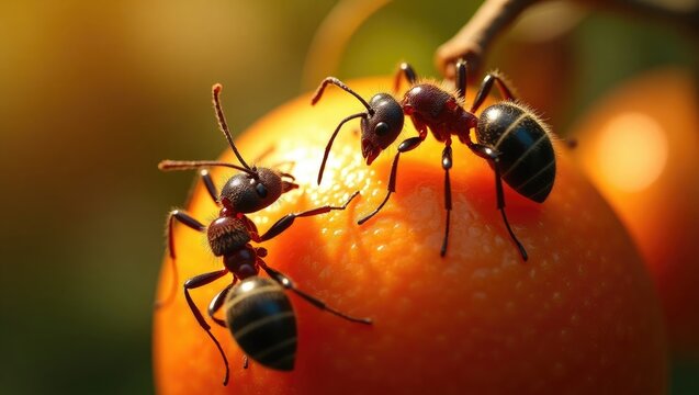 Ants collecting honeydew from the European fruit lecanium, a significant pest affecting fruit trees in gardens and orchards.