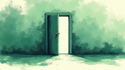 A stock illustration representing Healthcare reform in green and silver, with dynamic brushstrokes, open doors, and passports, creating a spatial hierarchy and texture overlays.