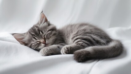 Gray and brown Persian kitten napping on a light backdrop