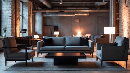 Stylish setup of a living room featuring a sleek light, black coffee table, gray sofa, and armchairs within an industrial loft design. Template.