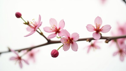 Fototapeta premium delicate cherry plum branch with blossoms, set against a white backdrop