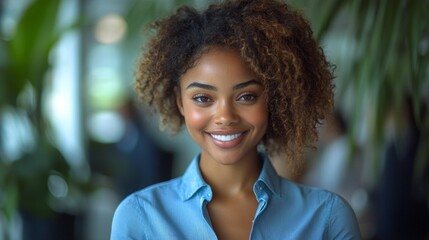 portrait of beautiful smiling young african american woman 20-25 years old being at work in office looking at camera