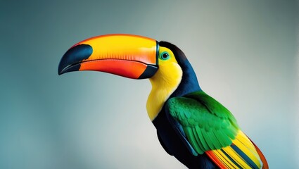 Fototapeta premium vivid toucan bird with a large beak against a blue-grey backdrop