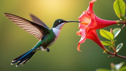 Fototapeta premium Hummingbird feeding on flower nectar. Swallow-tailed Hummingbird (Eupetomena macroura).