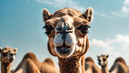 Obraz premium Head of an Arabian camel, with its mouth slightly ajar and a curious gaze in its bright eye, as if ready to speak, surrounded by fellow camels and a blue sky in the background.