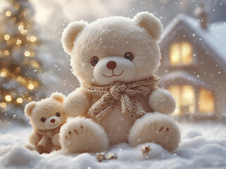 a white teddy bear sitting on the snow with two small baby bears next to i