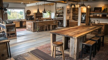 Craftsman Creating Furniture with Reclaimed Wood in Modern Rustic Kitchen Setting