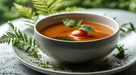 vibrant bowl of tomato soup garnished with fresh basil leaves, surrounded by greenery, evokes sense of freshness and warmth