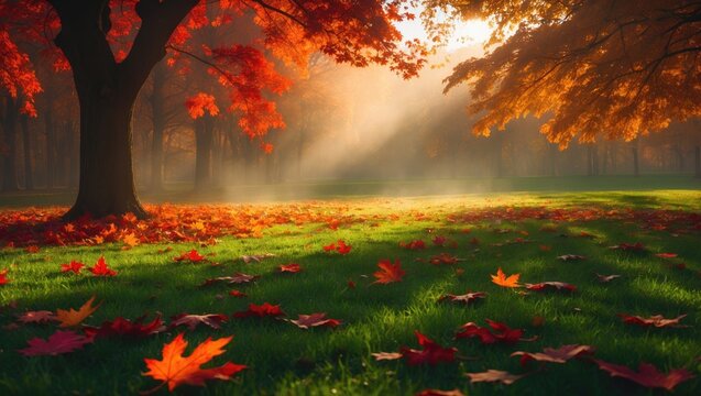 Autumn Park's first leaves on lush green grass. Bright day showcasing a fall landscape with scattered leaves. Bright red maple foliage. Banner