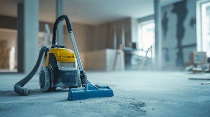A vacuum cleaner sits on the floor in a room during renovation. Dust fills the air as cleaning begins. Perfect for highlighting home improvement and cleaning tools.