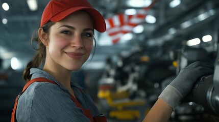 Smiling female factory worker engaged in assembly tasks in a bustling manufacturing facility