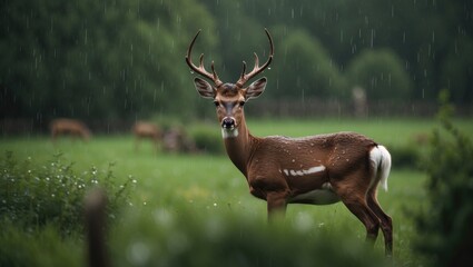 Obraz premium Fallow deer (Dama dama) are ruminant mammals that belong to the Cervidae family. Rainfall; wildlife farm, lush greenery.