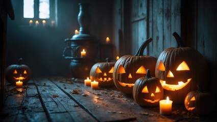 Fototapeta premium Classic Halloween illuminated jack-o'-lanterns, small kettle and candles resting on the wooden floor.