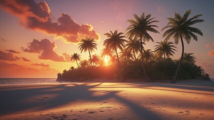 depiction of a palm tree island during sunset in wide format