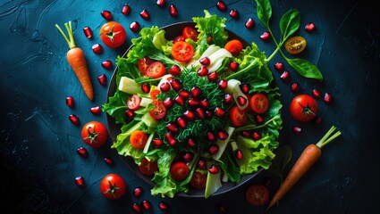 Bird's-eye view of a vegetable salad featuring pomegranates and various ingredients set against a dark backdrop, ideal for a festive meal or snack during the holiday season.