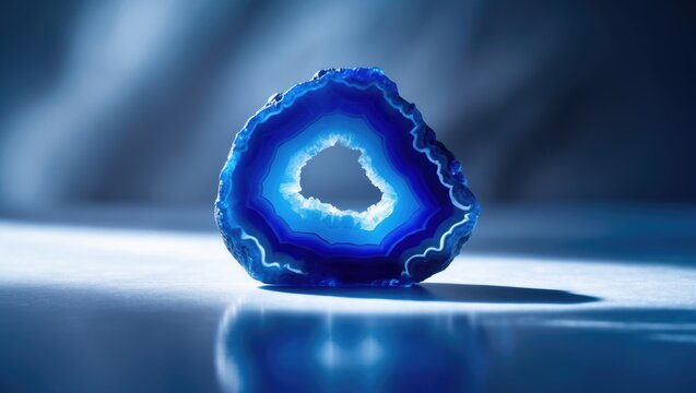 shimmering blue agate slice featuring a hole on a white surface