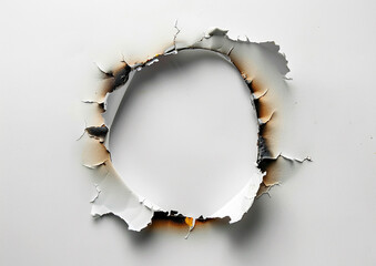 A white paper with a circular hole in the center, burned edges around it, on a white background