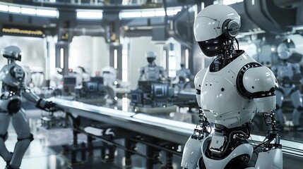 Fototapeta premium Advanced Robotic Factory with Humanoid Robots in High-Tech Production Environment