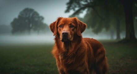 Obraz premium golden retriever standing in a misty park