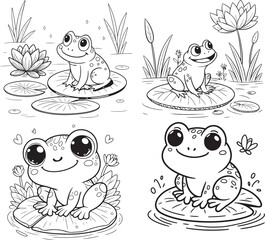 Cute Happy Frog on Lily Pad - Simple Black and White Coloring Page