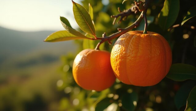 Mandarins on a Citrus tree basking in sunlight, with Mallorca's interior showcasing its citrus groves.