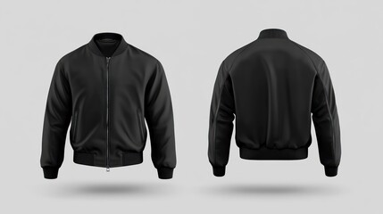 sleek black bomber jacket mockup showcasing front and back views against a minimal gray backdrop perfect for showcasing apparel designs