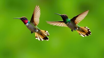 Fototapeta premium Golden-bellied Starfrontlet Hummingbirds, Coeligena bonapartei, showcasing their long golden tails in mid-flight with vibrant open wings, set against a vivid green backdrop in Chicaque Natural Park...