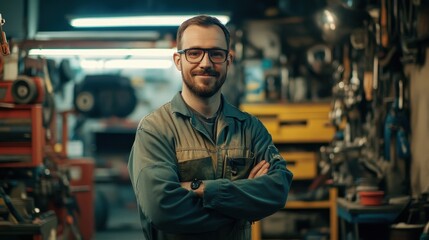 Obraz premium A portrait of a young European male mechanic, confidently smiling in a workshop filled with tools and equipment, showcasing a professional and skilled attitude.