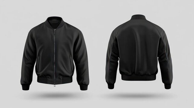 sleek black bomber jacket mockup showcasing front and back views against a minimal gray backdrop perfect for showcasing apparel designs
