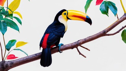Obraz premium Vividly Colored Toco Toucan Relaxing on a Branch Against a White Background, Known as the Common Toucan.