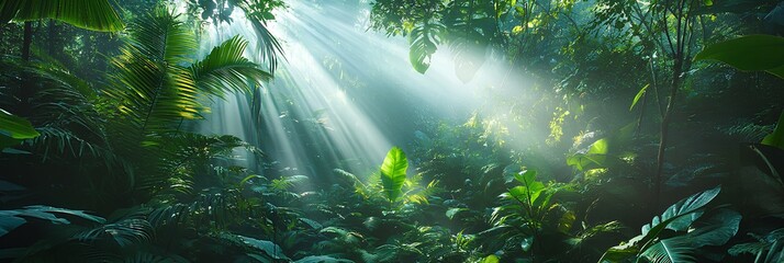 Sunlight Filtering Through Lush Tropical Rainforest &ndash; Vibrant Jungle Scenery
