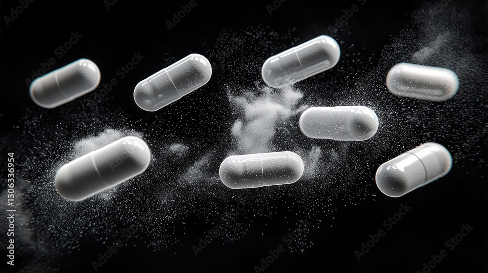 Aufkleber white pill capsules flying through air, surrounded by misty cloud, create dynamic and energetic scen