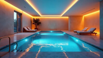 Serene Indoor Pool and Lounge Area with Warm Lighting and Tranquil Ambiance