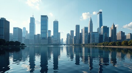 Fototapeta premium Futuristic Cityscape With High-Rise Buildings At Twilight, Illuminated Skyline Reflected On Water, Modern Urban Landscape, Dense Architecture In Vibrant Metropolis.