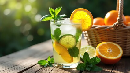 Fototapeta premium Refreshing summertime beverage featuring water, lime, orange, and mint leaves.