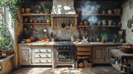 Rustic kitchen interior, steaming pots, garden view, sunlight
