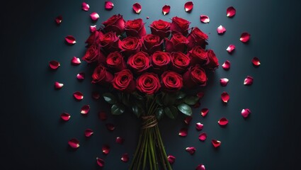 Aerial view of red roses surrounded by rose petals, ideal for a Valentine's Day gift, set against a dark backdrop, evoking feelings of love and passion with ample free space.