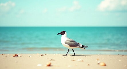 Fototapeta premium Seagull strolling on the shore. A solitary black-headed gull on the sandy coast of the Baltic Sea. Chroicocephalus ridibundus.