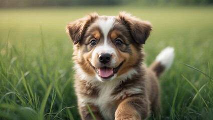 Joyful Australian Shepherd puppy playing in the grassy field during summer or spring. Adorable three-month-old pup captured in close-up, relishing time in the park outdoors.
