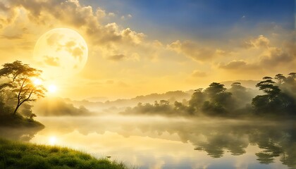 Fototapeta premium A tranquil vista unveiling serene lake and moonlit landscape at twilight