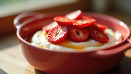 A red bowl holds creamy homemade Greek yogurt topped with fresh strawberries.