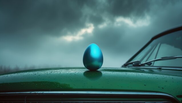 Emerald-colored vehicle with a turquoise egg