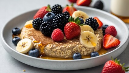 Nutritious oatmeal brunch, promoting a healthy lifestyle. Assorted fruits and berries: strawberries, raspberries, blackberries, blueberries, and bananas. Drizzled with maple syrup and topped with c...