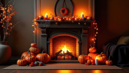 Obraz premium Fall-themed Halloween decor for a cozy fireplace setting.